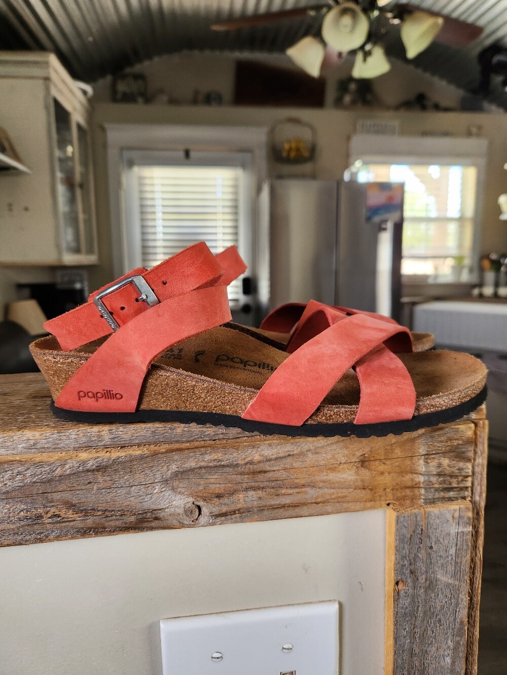 Birkenstock Papillio Lola Wedge Heel Sandals Coral Nubuck Leather Size 10